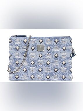 MCM NWOT Aren Blue Monogram Chain Crossbody Bag with Silver Hardware